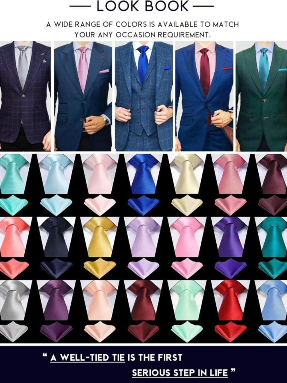 Elegant Solid Satin Black Necktie & Pocket Square Set in Gift Box - Formal
